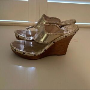 Jack Rogers Gold Platform Wedge Sandals Studded Wood Heel Boho Y2K